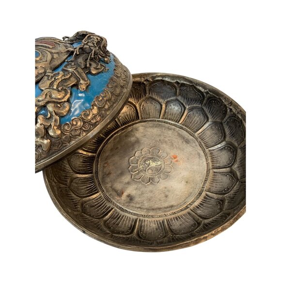 VTG Handcrafted Tibetan Insense Metal Bowl With Lid Enamel 8 X 5 B9033 Trinket - Picture 11 of 13